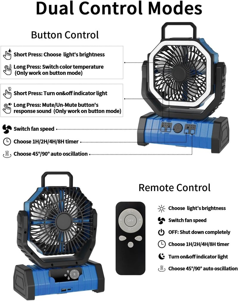 Adust Camping Fan Battery Operated Powered Fan with LED Lantern Light 20000mAh Rechargeable Portable Oscillating, 360° Rotation Hanging Hook for Tents, Cordless USB Desk Fan(Blue) - Image 5